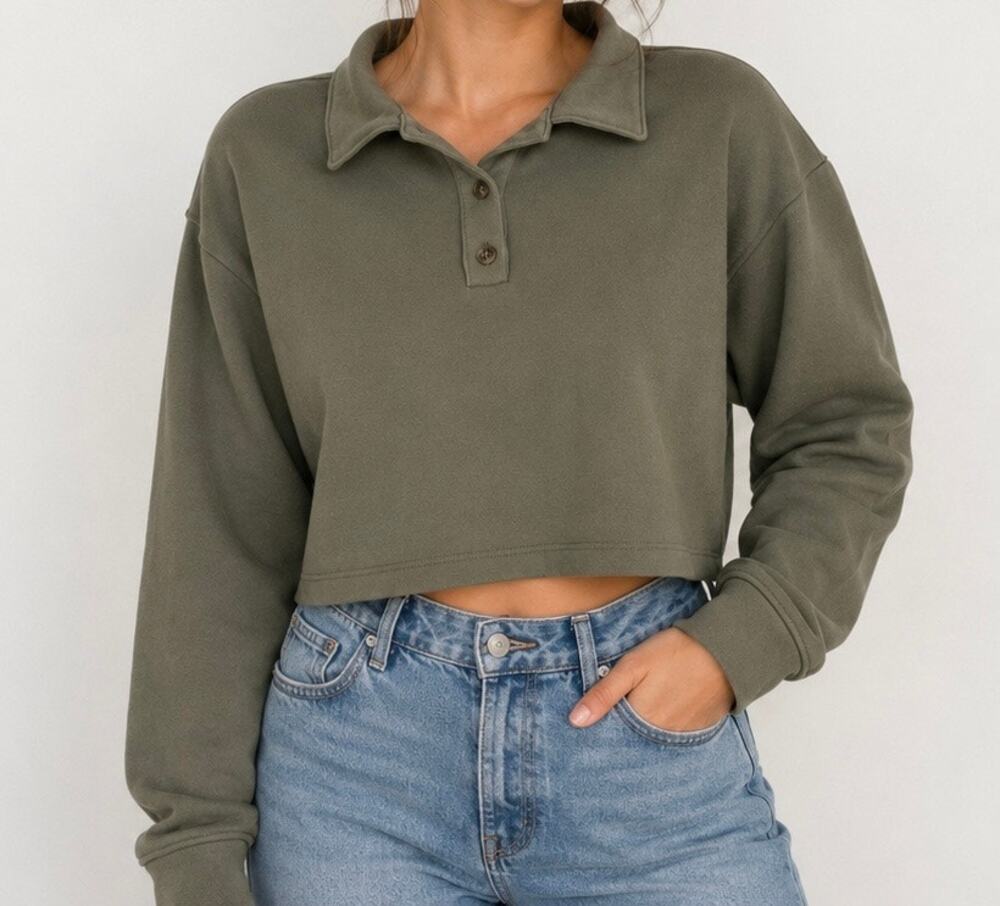 Recess Olive Green Cropped Polo Sweatshirt Size M EUC 100% Cotton